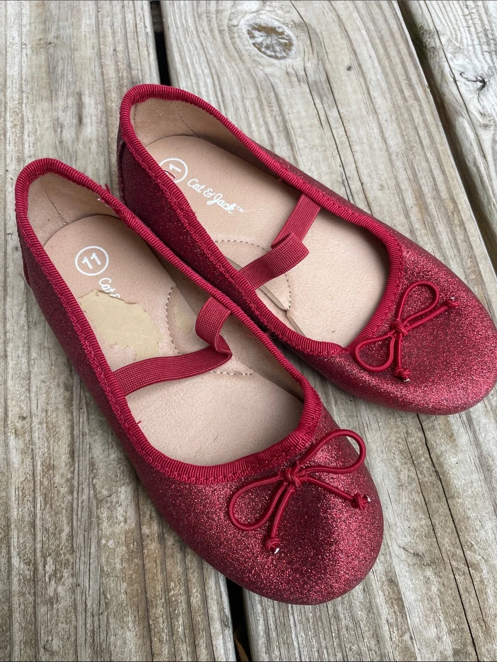 Cat & Jack Girls Ruby Red Glitter Mary Jane Flats Size 11